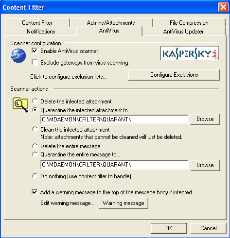 The AntiVirus Tab of the Content Filter allows you to setup how your virus 